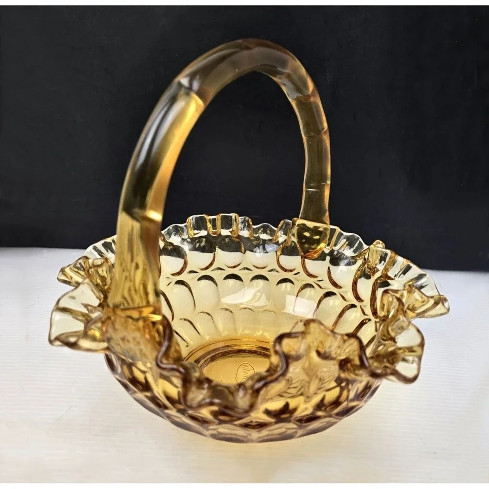 Vintage Fenton Colonial Amber Thumbprint Glass Basket  8